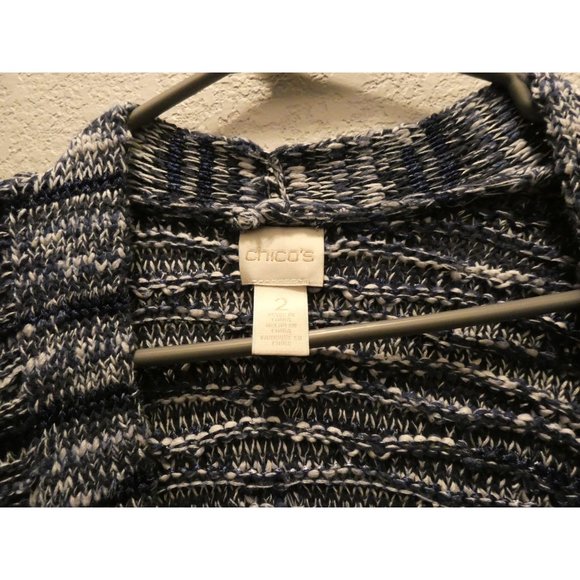 Long Cotton Sweater, Blue and white with Fringe Women's Size Large, Chico's Bran - Picture 2 of 5